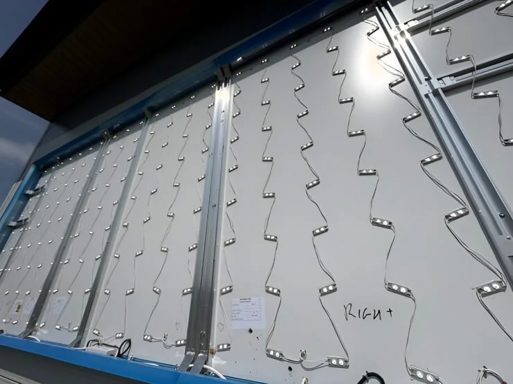 Interior of illuminated building sign for Zematra, Hull
